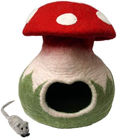 100% Wool Felt Cat Cave Bed Mushroom Handmade in Nepal with Free Mouse Toy Included