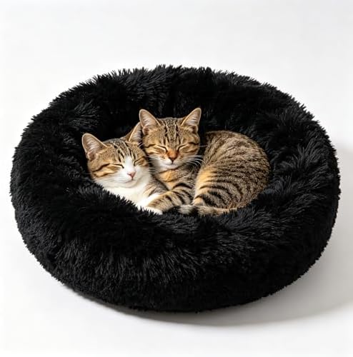 Cat Beds for Indoor Cats - Cat Bed Washable 24 inches, Dog Beds for Small Medium Dogs, Anti Anxiety Round Fluffy Plush Faux Fur Cat Bed, Thick Bottom (Dark, Large 24" L x 24" W)