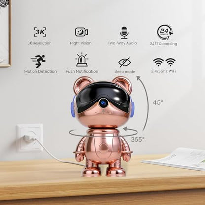 3K Indoor Security Camera Robot, Rose Gold Bear Baby Monitor and Pet Camera