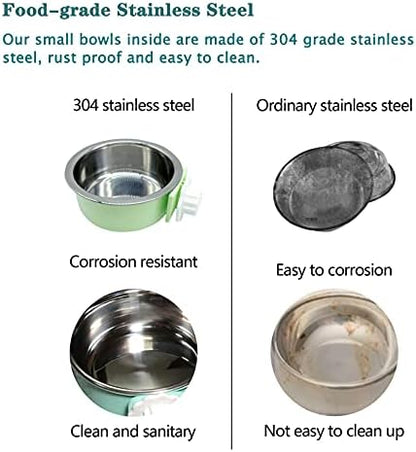 Tfwadmx Crate Dog Bowl Cat Removable Stainless Steel Food and Water Feeder Hanging Cage Bowls Coop Cup with Cleaning Set for Pet Puppy Bird Rat Guinea Pig Ferret Bunny Rabbit 2Pcs