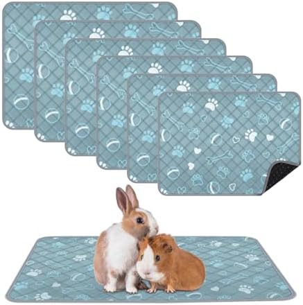 6 Packs Washable Guinea Pig Cage Liners with with Paw Print, Waterproof Guinea Pig Pee Pads Reusable Absorbent Bedding Anti Slip Mats for Small Animals Bunny Rabbit Hamster (Blue, 24 x 18in)