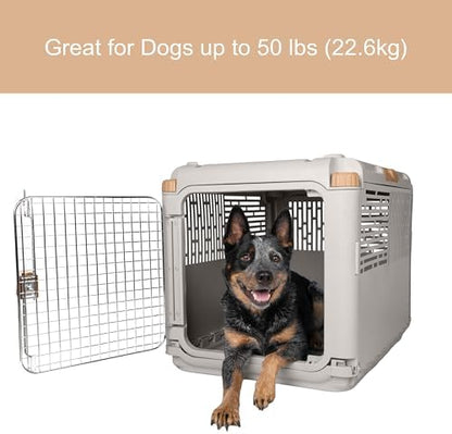 SportPet Designs Collapsible Medium Pet Travel Carrier (Tan), Hard-Sided Kennel for Medium Dogs, Puppies, Cats, Kittens, Animals up to 50lbs, Washable Home & Outdoor Pet Crate, 30.6"L x 22"W x 23.25"H