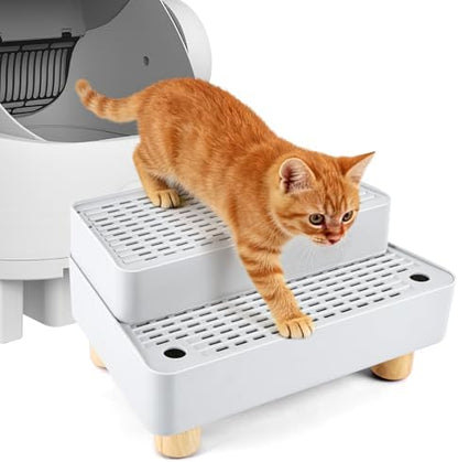 Adjustable Litter Box Step, Cat Litter Box Ramp/Catcher with Wooden Feet