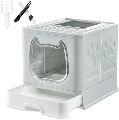 Gefryco Litter Box with Lid for Small to Medium Cats, Enclosed Cat Litter Box with Cover，High Sided Top Entry Cat Box with Brush and Scoop, Cute Kitty Litter Pan with Drawer for Growing Kittens(Grey)