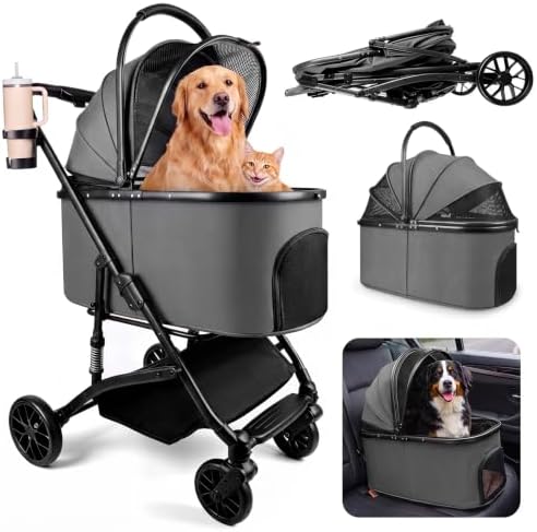 Heavy Duty Pet Stroller, 3-in-1 Dog & Cat Stroller with Detachable Carrier & Car Seat, 132 lbs Capacity for 1 Large/2 Medium Pets, Aluminum Alloy Frame, Shock Absorption, One-Touch Dual Brake, Grey