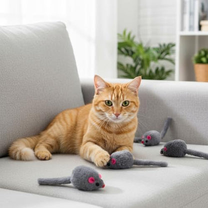 5 PCS Cat Toy Mice, Gray Fur Rattle Mouse Toys for Cats Realistic Mice Animal Toys Artificial Fur Pet Supplies Interactive Kitten Toy for Indoor Cats Self Play