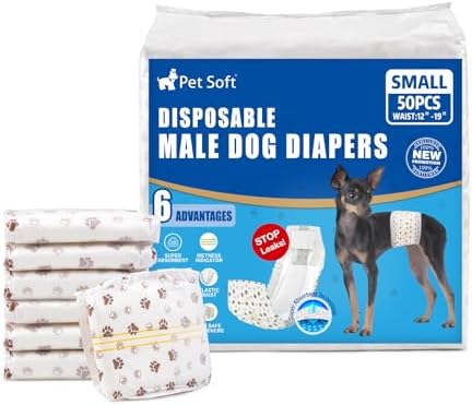 Pet Soft Dog Diapers Male - Disposable Male Dog Wraps Wetness Indicator, Ultra Absorbent Doggie Diapers Comfortable for Incontinence Excitable Urination, 50pcs Small