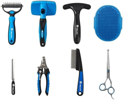 8 in 1 Pet Grooming Kit for Dogs & Cats – Deshedding Brush, Undercoat Rake, Slicker Brush, Nail Clipper, Scissors & Bath Brush for All Coat Types