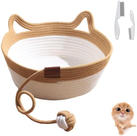 Instinct Basket for Cats, Handwoven Cotton Rope Cat Basket Bed with Toy Ball and Cat Ear Handles, Scratchable Breathable Round Woven Cat Basket for Indoor Cats