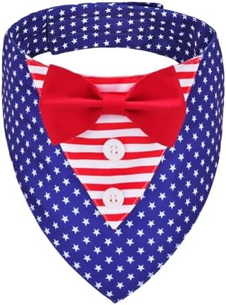 ADOGGYGO American Flag Dog Tuxedo Bandana, Red Blue Pet Tux with Bowtie Adjustable 4th of Julty Bandana Costume for Large Dogs Pets (L)