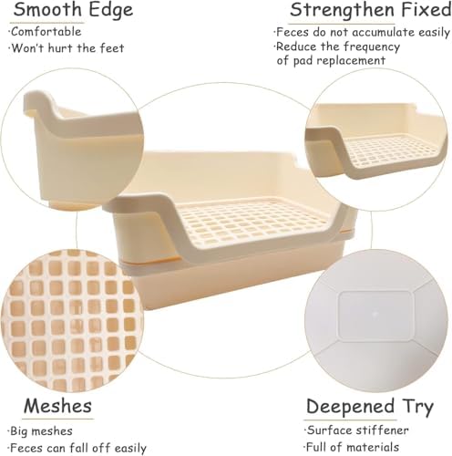 PINVNBY Extra Large Rabbit Litter Box Small Animal Potty Trainer Huge Bunny Litter Pan Plastic Pet Corner Toilet with Mash for Adult Guinea Pigs Chinchillas Ferrets (Beige)