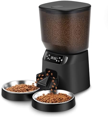 Automatic Cat Feeders for Two Cats, 5L/20 Cups Double Automatic Cat Food Dispenser with 2 Stainless Bowls, Timer Setting 20 Portions 6 Meals Per Day, 10s Meal Call (Black)