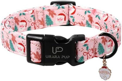 Xmas Dog Collars - Pink Christmas Tree & Santa Dog Collar with Gingerbread- Comfortable, Stylish Pet Collars with Quick Release Buckle for Christmas S