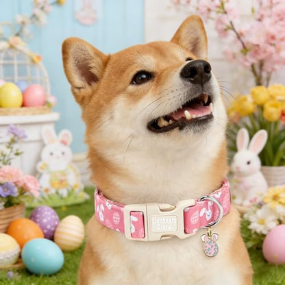 Lionheart glory Easter Day Dog Collar - Dog Collars Soft Adjustable Buckle Cute Easter Rabbits Pattern Pink Male Female Spring Bunnies Pet Collars for Medium Dogs Puppy