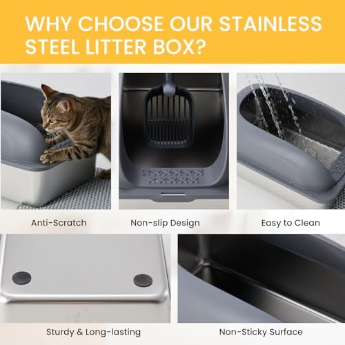 HealSmart Stainless Steel XL Cat Litter Box, Extra Large Cat Litter Box with Lid, High Sided Metal Litter Tray for Big Cats, Anti-Urine Leakage Non-Stick Easy Clean, Dark Gray