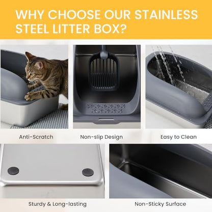HealSmart Stainless Steel XL Cat Litter Box, Extra Large Cat Litter Box with Lid, High Sided Metal Litter Tray for Big Cats, Anti-Urine Leakage Non-Stick Easy Clean, Dark Gray