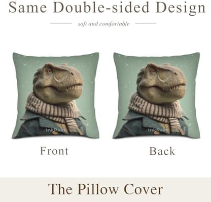 InkRain Winter Animal Cute Tyrannosaurus Rex Pillow Cover 22x22 Inch Set of 2 Home Decor Decorative Cotton Linen Illustration Pillowcases for Living Room House Sofa