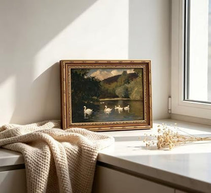 Vintage Gold Framed Swan Wall Art, Dark Moody Swans Lake Landscape Oli Painting Canvas Print, Antique Wildlife Bird Picture Wall Decor, Rustic Farmhouse Poster Artwork for Bedroom Living Room