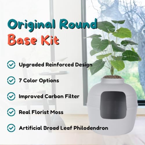 Good Pet Stuff Original Hidden Litter Box Planter, Decorative Cat Litter Enclosure, Carbon Filter, Faux Plant, Round Design, Easy to Clean, Base Kit, Broad Leaf Philodendron, Pebble Gray