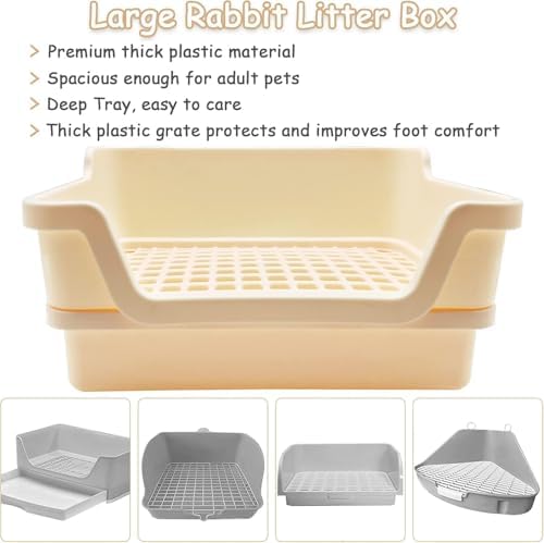 PINVNBY Extra Large Rabbit Litter Box Small Animal Potty Trainer Huge Bunny Litter Pan Plastic Pet Corner Toilet with Mash for Adult Guinea Pigs Chinchillas Ferrets (Beige)
