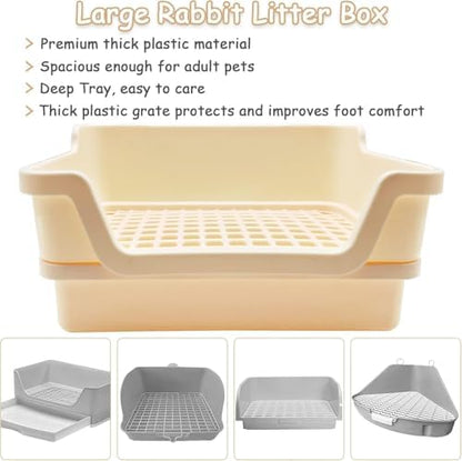 PINVNBY Extra Large Rabbit Litter Box Small Animal Potty Trainer Huge Bunny Litter Pan Plastic Pet Corner Toilet with Mash for Adult Guinea Pigs Chinchillas Ferrets (Beige)