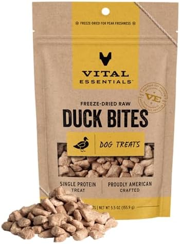 Vital Essentials Freeze Dried Dog Treats, Duck Bites, 5.5 oz Bag