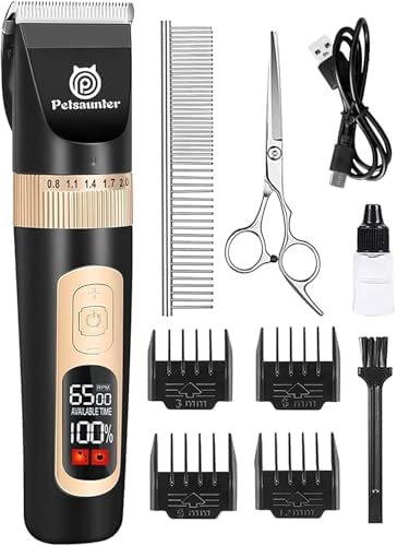 Petsaunter Dog Hair Clippers,4-Speed Low Noise Rechargeable TypeC Electric Pet Hair Shavers,Essential Quiet Grooming Clipper Tools Set for Small & Large Dogs Cats with Thick & Heavy Coats(C95 Set)