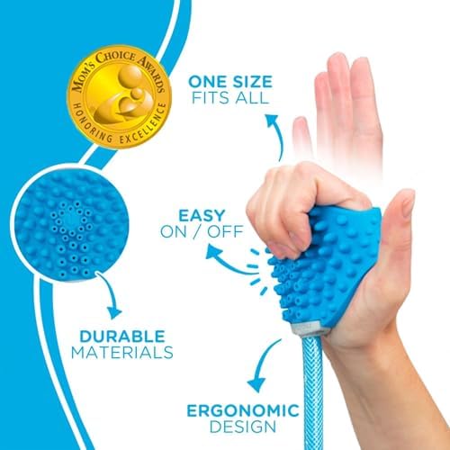 Aquapaw Dog Bath Brush & Sprayer - Hands-Free Shower Scrubber - Adjustable Sprayer & Shower Hose Attachment - Silicone Massage Brush for Dog Grooming Supplies - Original, Blue
