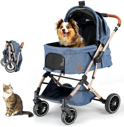 EchoSmile Small Medium Dogs Stroller 4-Wheel Pet Strollers for Medium Dogs Up to 50lbs, One Click Folding Large Cat Stroller, Reversible Handle, Shock Absorbing Wheels, Removable Washable Pad, Blue