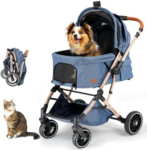 EchoSmile Small Medium Dogs Stroller 4-Wheel Pet Strollers for Medium Dogs Up to 50lbs, One Click Folding Large Cat Stroller, Reversible Handle, Shock Absorbing Wheels, Removable Washable Pad, Blue