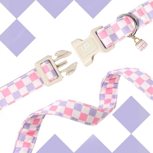 Cute Plaid Cotton Dog Collar, Pink Purple Checkered Dog Collar, Soft Adjustable Puppy Collars with Charm & Quick Release Buckle for Small Medium Large Dogs