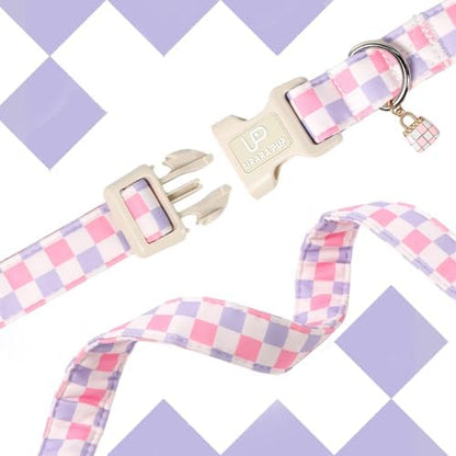 Cute Plaid Cotton Dog Collar, Pink Purple Checkered Dog Collar, Soft Adjustable Puppy Collars with Charm & Quick Release Buckle for Small Medium Large Dogs