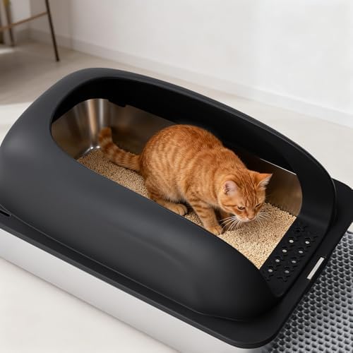 OLIXIS Stainless Steel Large Cat Litter Box with Lid, High Wall Sides