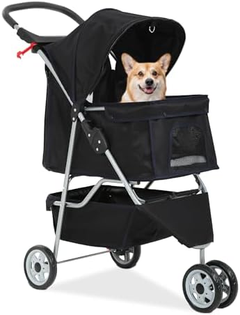 FDW Pet Stroller 3-Wheel Durable Foldable Cat Dog Stroller with Washable Liner Storage Basket Cup Holder,Dark Black