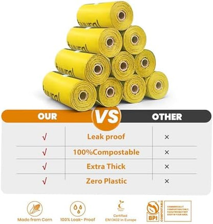 Certified Compostable Dog Poop Bags-270Bags 18Rolls, Poop Bags for Dogs Made of Cornstarch - ASTM D6400 By USA, 100% Leakproof & 20% Extra Thick, Unscented Dog Waste Bags (Yellow)