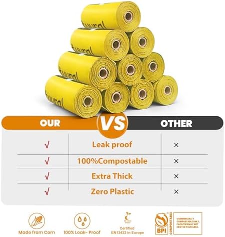 Certified Compostable Dog Poop Bags-270Bags 18Rolls, Poop Bags for Dogs Made of Cornstarch - ASTM D6400 By USA, 100% Leakproof & 20% Extra Thick, Unscented Dog Waste Bags (Yellow)