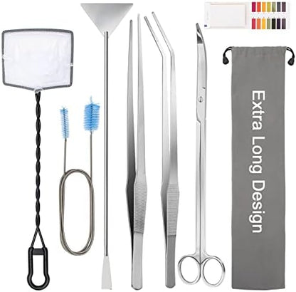Extra Long Aquarium Aquascaping Tools Kit 8 in 1, Liveek Stainless Steel Aquarium Plant Tools Long Fish Tank Aquascape Tweezers Scissors Scrapers, PH Paper, Fish Net, Aquascape Clean Brush, Bag