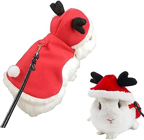 Christmas Costume for Rabbit Kitten Elk Cape with Deer Antler Bunny Clothes with Rabbit Leash Holiday Guinea Pig Outfit for Chihuahua Ferret Tiny Puppy and Similar Small Pet (S)…
