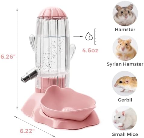 Vannon 2 in 1 Hamster Feeder Small Animal Water Bottle & Food Bowl Water Dispenser & Food Dish Bowl for Hamster, Small Mice, Rat, Gerbil, 4.6oz/130ml, BPA Free, Pink
