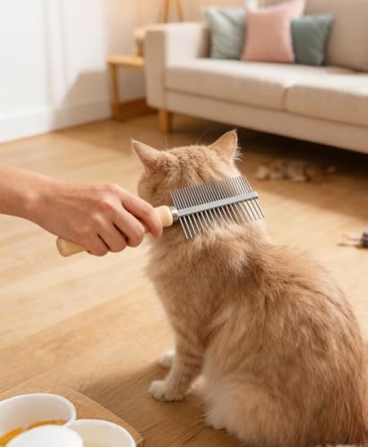 Double Row Undercoat Rake for Dogs & Cats - Wooden Handle Metal Dog Comb, Pet Grooming Dog Rake for Deshedding & Detangling