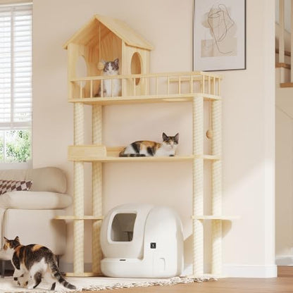 Wood Cat Tower for Automatic Litter Box, 4 Tier Cat Tree, 60 Inch