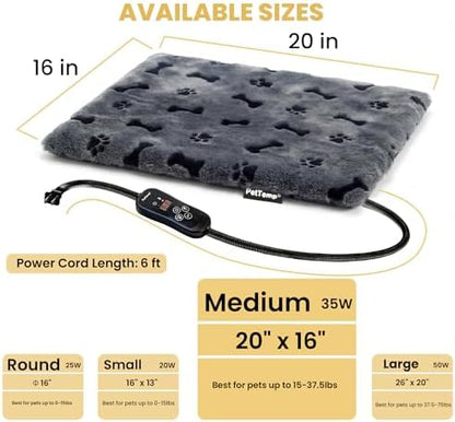 Pet Heating Pad for Cats Dogs, Heated Cat Dog Bed with 5 Temperature Levels, Timer, Auto Shut-Off, Thick Paw-Print Cover, Chew Resistant Cord for Indoor & Sheltered Outdoor Use (M: 20" x 16" x 1.3")