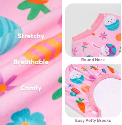 KYEESE Easter Dog Pajamas, Soft Dog Pajamas for Small Dogs Girl, Stretchy Dogs Pjs Velvet Pet Jumpsuit with Eggs & Bunny Pattern, Comfy Lightweight Pet Outfit, Pink, L