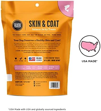 BIXBI Skin & Coat Support Salmon Jerky Dog Treats, 4 oz - USA Made Grain Free Dog Treats - Antioxidant Rich to Support Shiny, Full Bodied Coats - High in Protein, Whole Food Nutrition, No Fillers