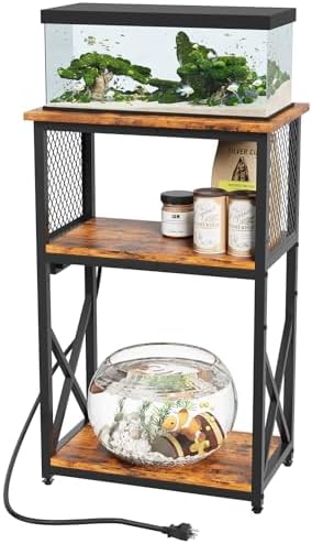 HavenlyYouth 10 Gallon Fish Tank Stand with Power Outlet, 3 Tier Aquarium Stand with Shelf, Turtle/Reptile Tank Stand for Home Office,Adjustable Boards, 20.47''L×11.42''W×30.91''H, Retro Brown