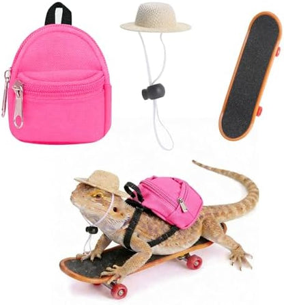 Bearded Dragon Clothes Lizard Toy - Mini hat,Skateboard,Backpack Gifts for Reptiles Pet - Cute Bearded Dragon Costume Accessories for Lizard Iguana Reptiles Small Animals (Rose Red)