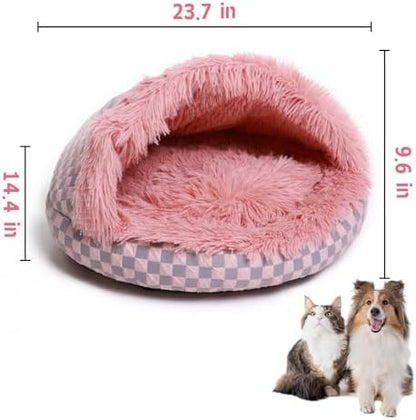 Cat Bed Hooded Plush Nest with Self-Warming Cozy Cave, Calming Anti-Anxiety Pet Bed for Indoor Cats & Small Dogs, Removable Washable Cover & Waterproof Bottom - Pink