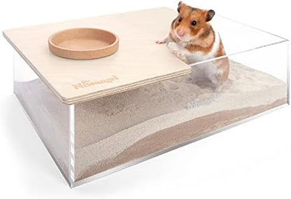 Niteangel Small Animal Sand-Bath Box: - Acrylic Critter's Sand Bath Shower Room & Digging Sand Container for Hamsters Mice Lemming Gerbils or Other Small Pets (Rectangle, Birch-Wood)