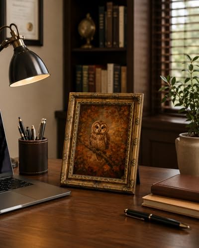Framed Vintage Style Wall Art Rustic Forest Animal Elegant Owl Canvas Print Poster Farmhouse style artwork suitable for bedroom or living room 8x10 inches designed for wall hanging or tabletop display