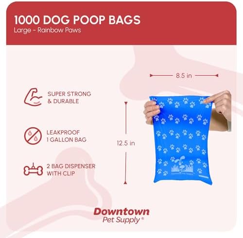 Downtown Pet Supply Poop Bags for Dogs with Dispenser, 1000 Count - Leak-Proof Dog Waste Bags and Bone-Shaped Dog Poop Bags Holder for Leash - Rainbow with Paw Prints, 12.5" x 8.5"